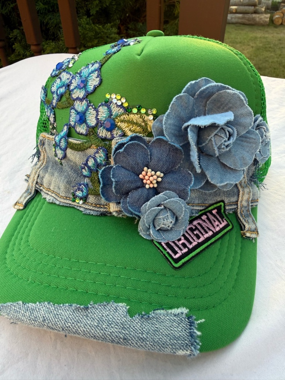 Green  custom Floral Patch Trucker Hat with Denim Flowers